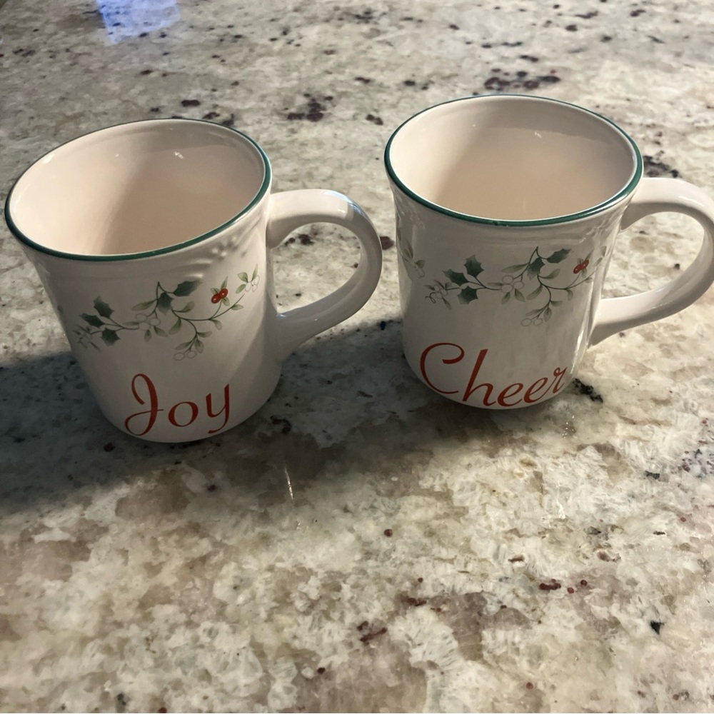 Pfaltzgraff Holiday Winterberry Cheer & Joy Mugs with Red and Green Accents
